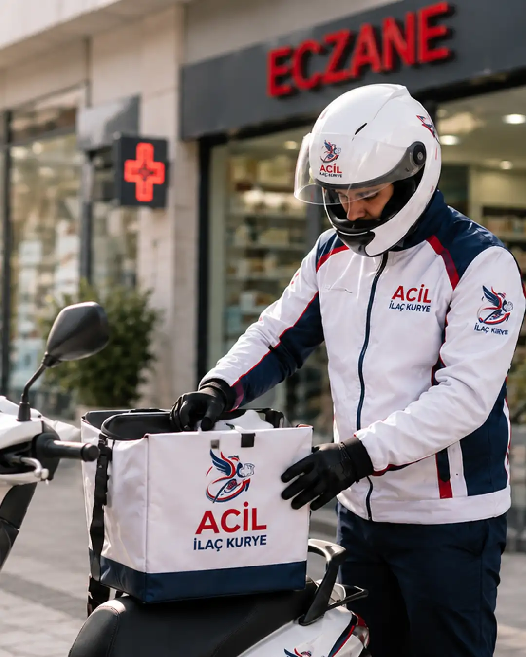Acil İlaç Kurye logolu profesyonel kurye, eczane önünde medikal teslimat çantasını motosikletine yerleştirirken. İstanbul 7/24 ilaç kurye hizmeti.