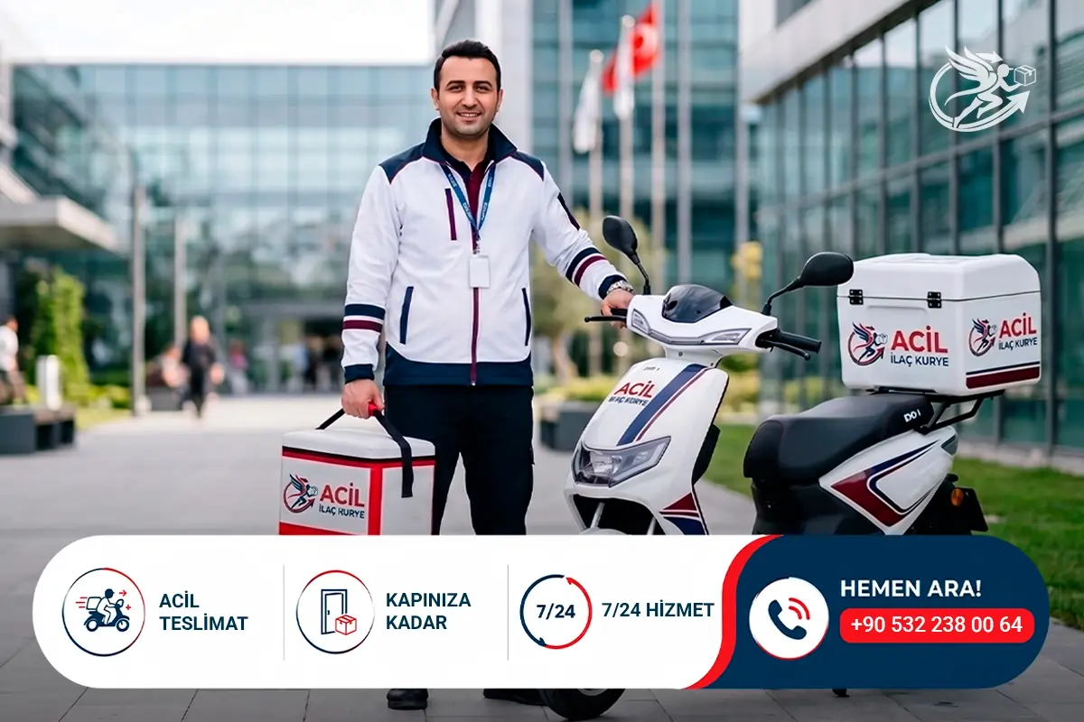 Acil İlaç Kurye üniformalı profesyonel personeli, teslimat motosikleti yanında; 7/24 hizmet, acil teslimat ve kapınıza kadar servis seçeneklerini vurgulayan kurumsal hakkımızda görseli.