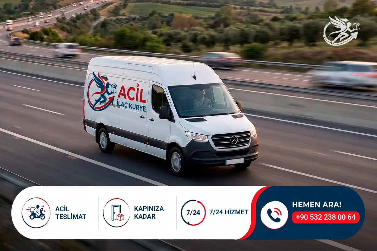 İstanbul çıkışlı şehirler arası hızlı lojistik hizmeti sunan Acil İlaç Kurye logolu profesyonel panelvan araç; sağlık ürünleri ve önemli paketlerin güvenli taşımacılığı görseli.
